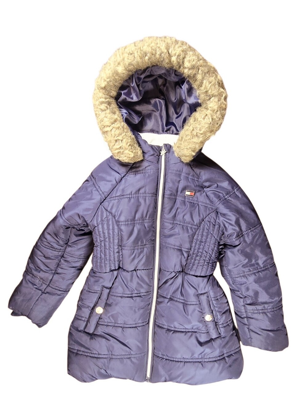 Tommy Hilfiger Girls Blue Hooded Puffer Jacket Full Zip Fur Trim Size XS 5/6